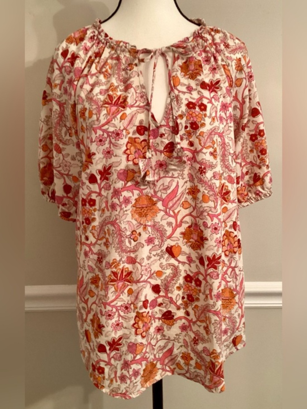 Knox Rose Floral Paisley Peasant Blouse Size L Pink Red Orange Boho Tunic Top